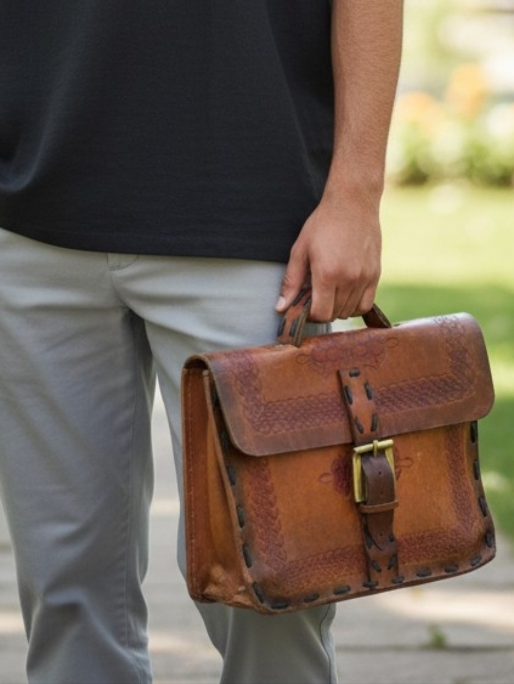 Vintage Tooled Leather Briefcase Satchel Handmade Boho Western Style
